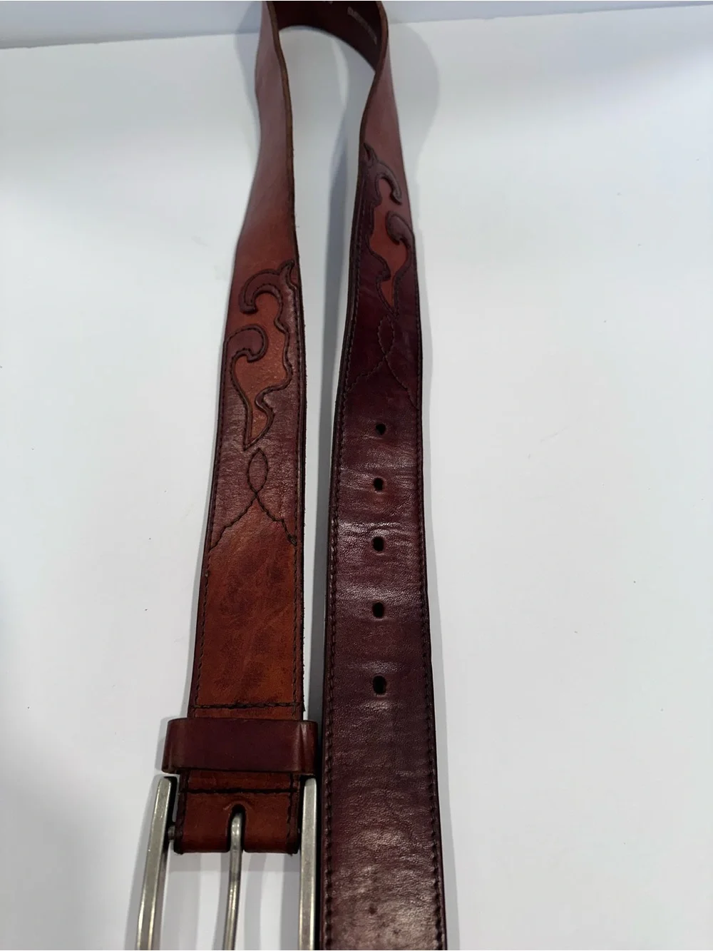 Fossil Full Grain Cowhide Leather Belt Brown Western Scroll Stitch Size 32